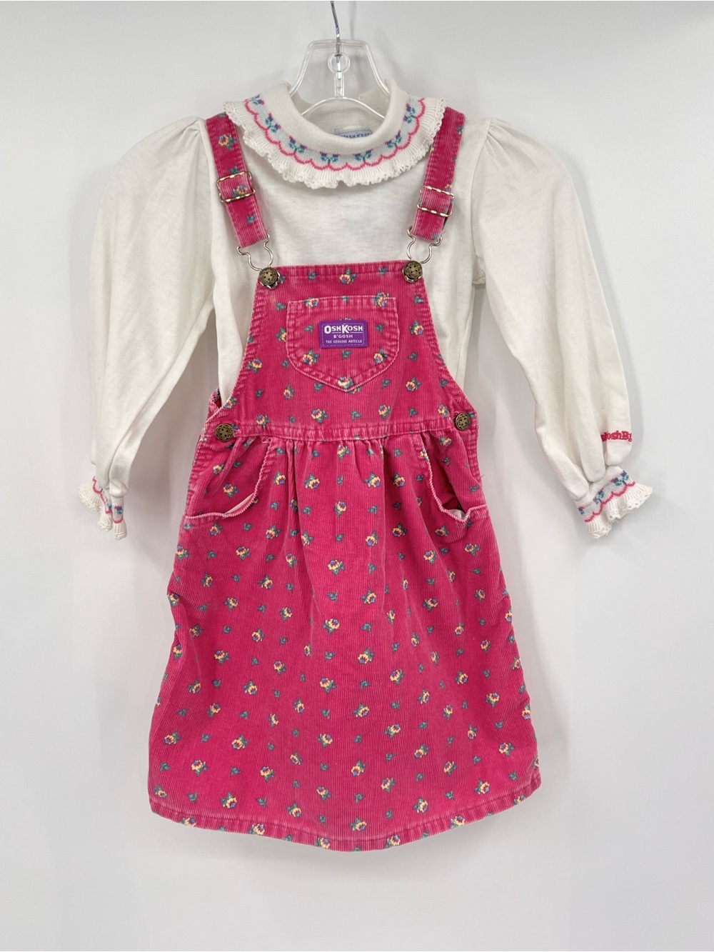 OshKosh B'gosh Vintage Pink Floral Corduroy Overall bib dress and top 6Y